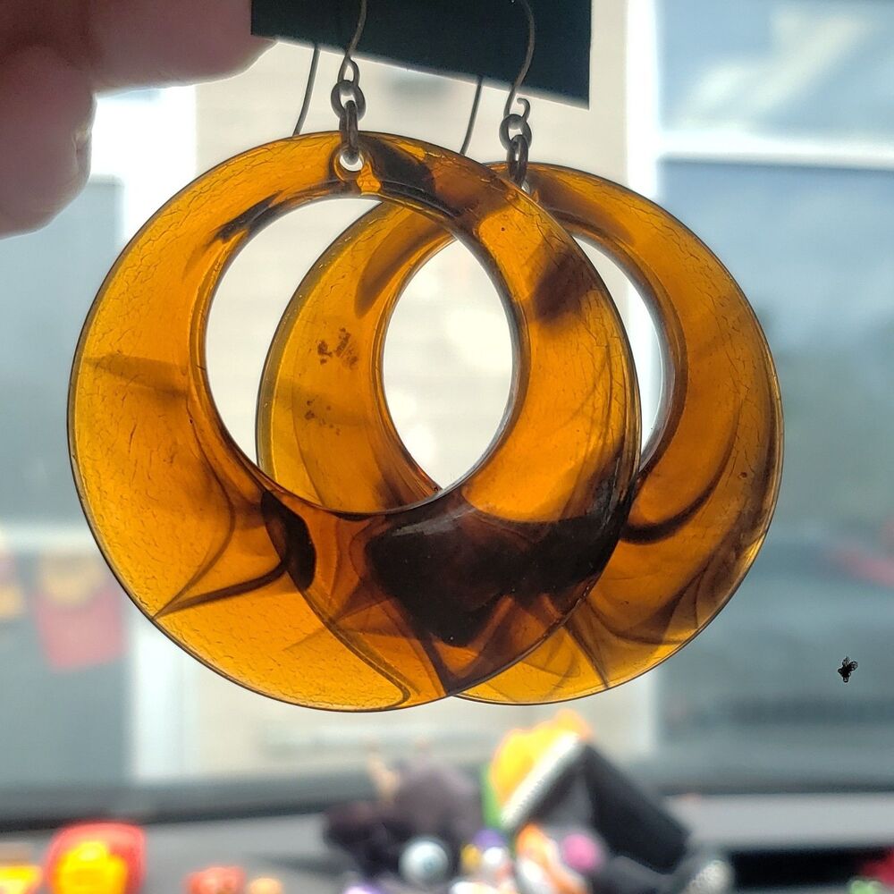 Lucite vintage Hoop Earrings Round Dangle Hook Closure No Stone